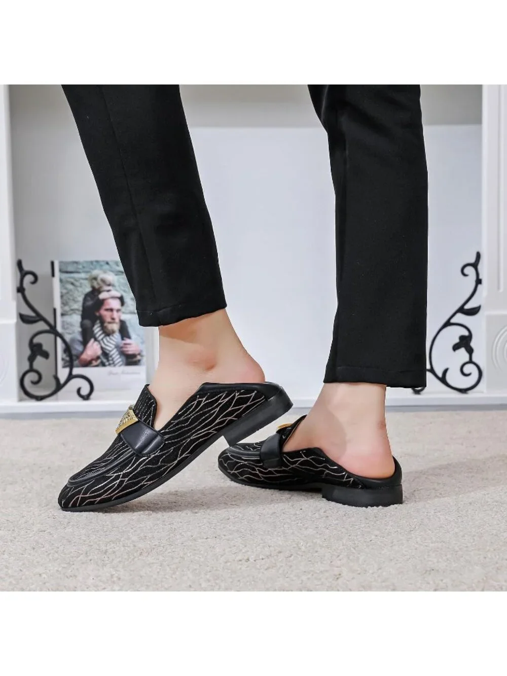 FQEQNQG Men's Black Velvet Loafers Metal Buckle Shiny Slip On Classic Shoes